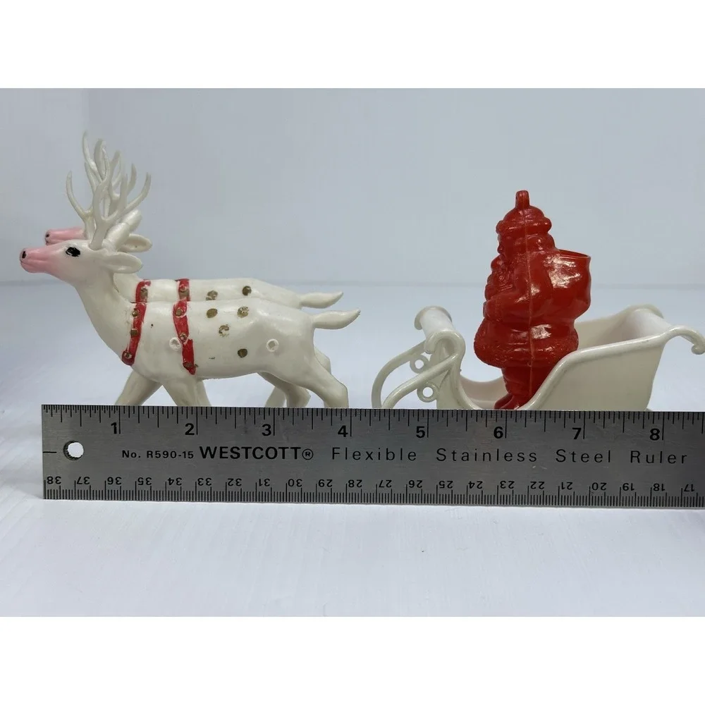 Vintage Plastic Standing Santa Claus Sleigh Pulled by Two White Reindeer